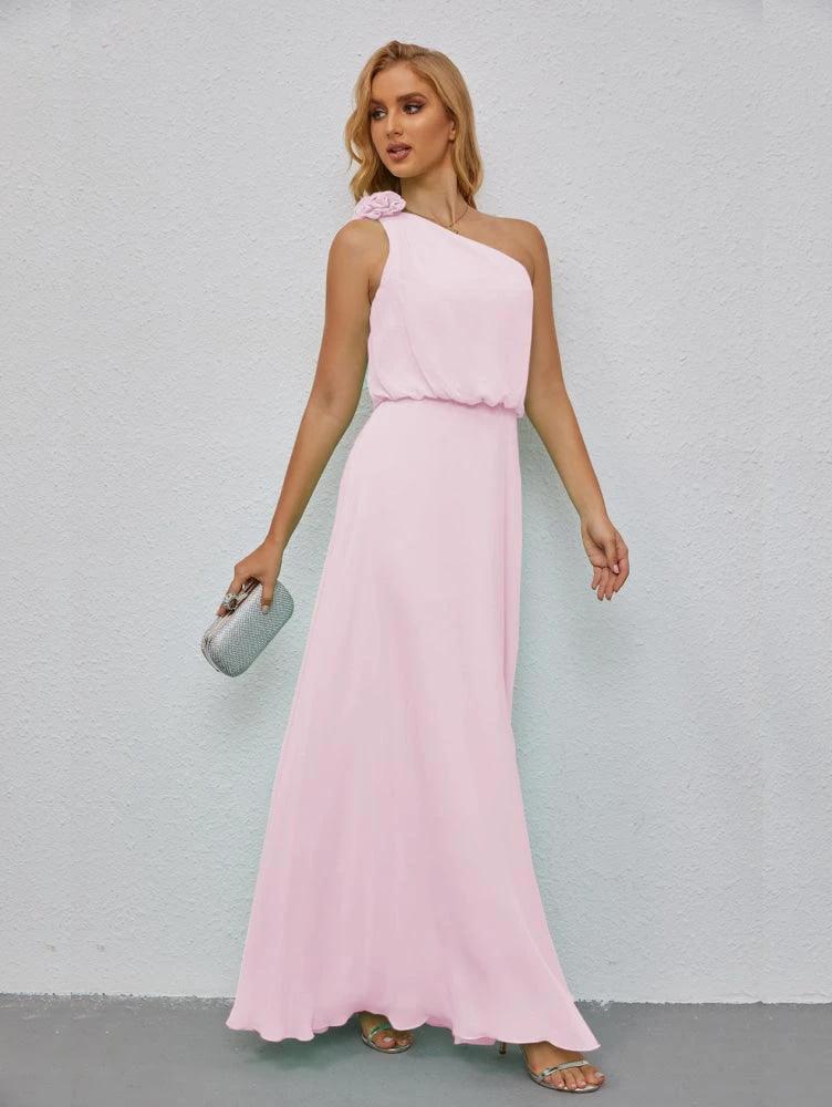 Ruffled One Shoulder Sleeveless Long Bridesmaid Dresses A-line Formal Evening Gown Side Split 28080 by numbersea