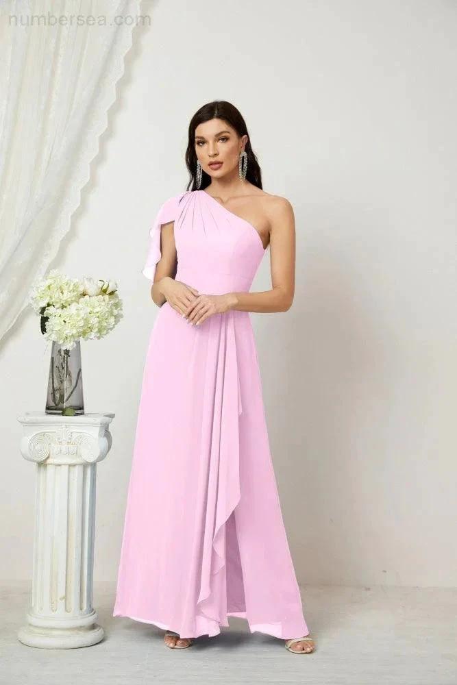 ZapDress Chiffon Ruffled One Shoulder Long Bridesmaid Dresses A-line Formal Evening Gown Side Split 2809 (ZD17049)