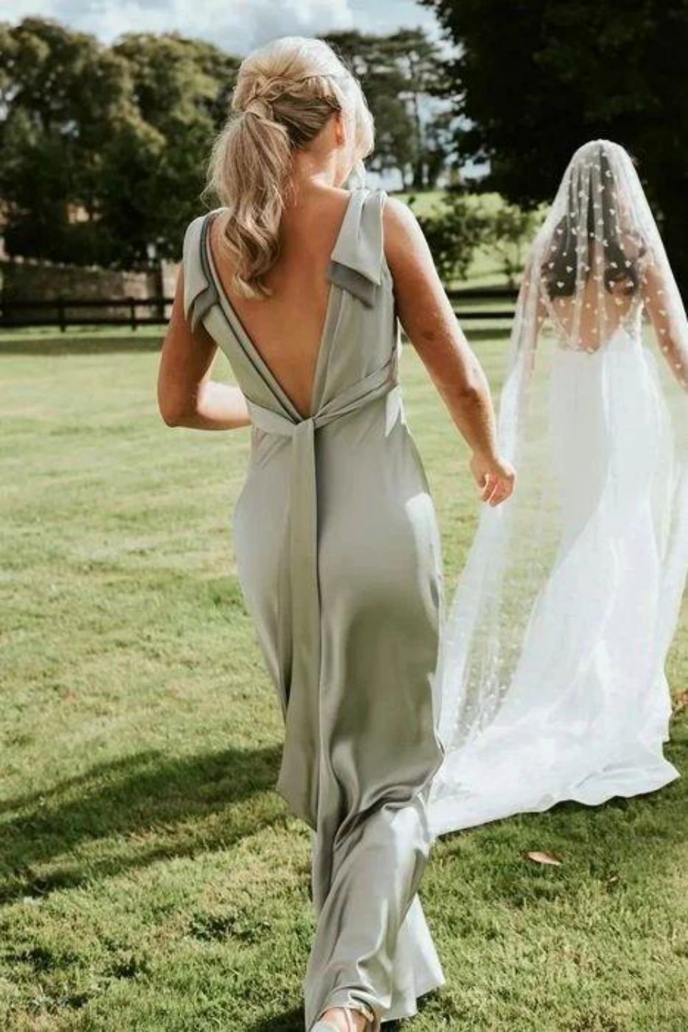 Stylish A Line V Neck Green Long Bridesmaid Dress with Bowknot - View 5 | VelvetHem
