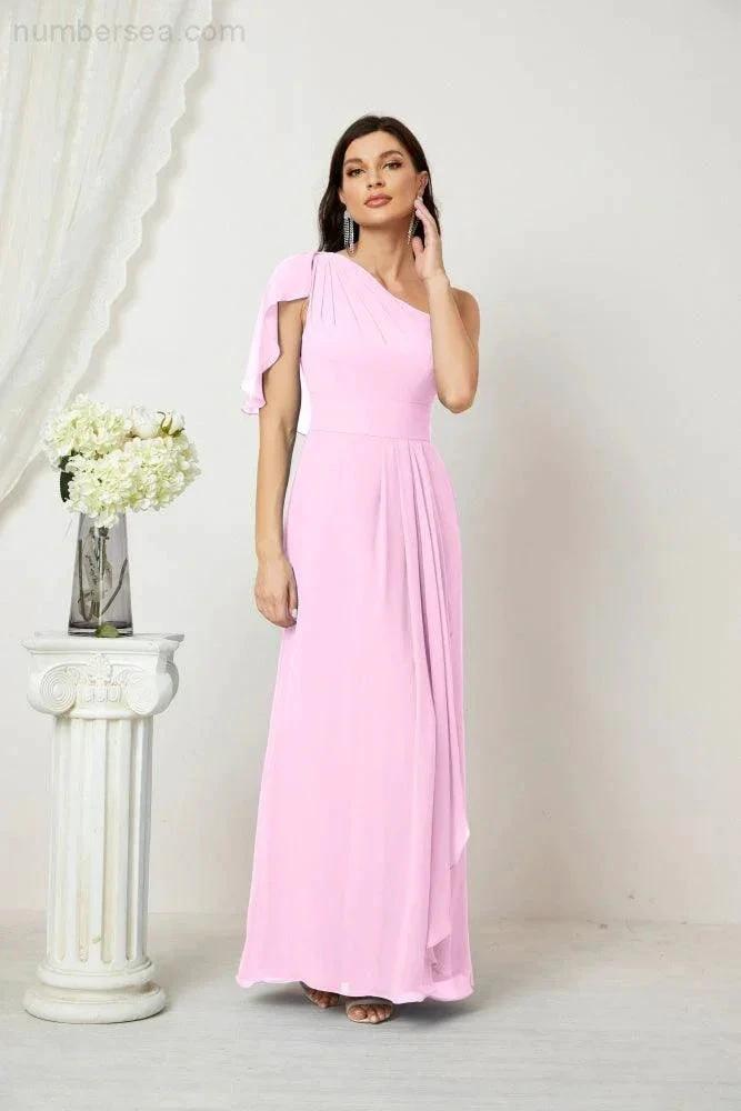 ZapDress Chiffon Ruffled One Shoulder Long Bridesmaid Dresses A-line Formal Evening Gown Side Split 2809 (ZD17049)
