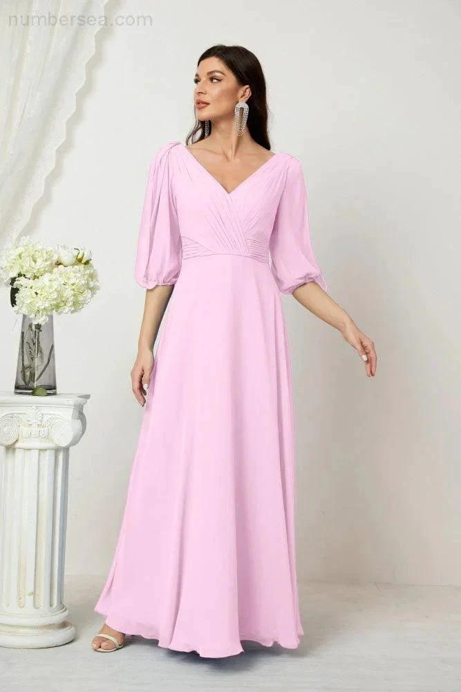 ZapDress Formal Prom Gown Women V-Neck Chiffon Bridesmaid Dresses Long Bishop Sleeve Party Dress 2807 (ZD17027)