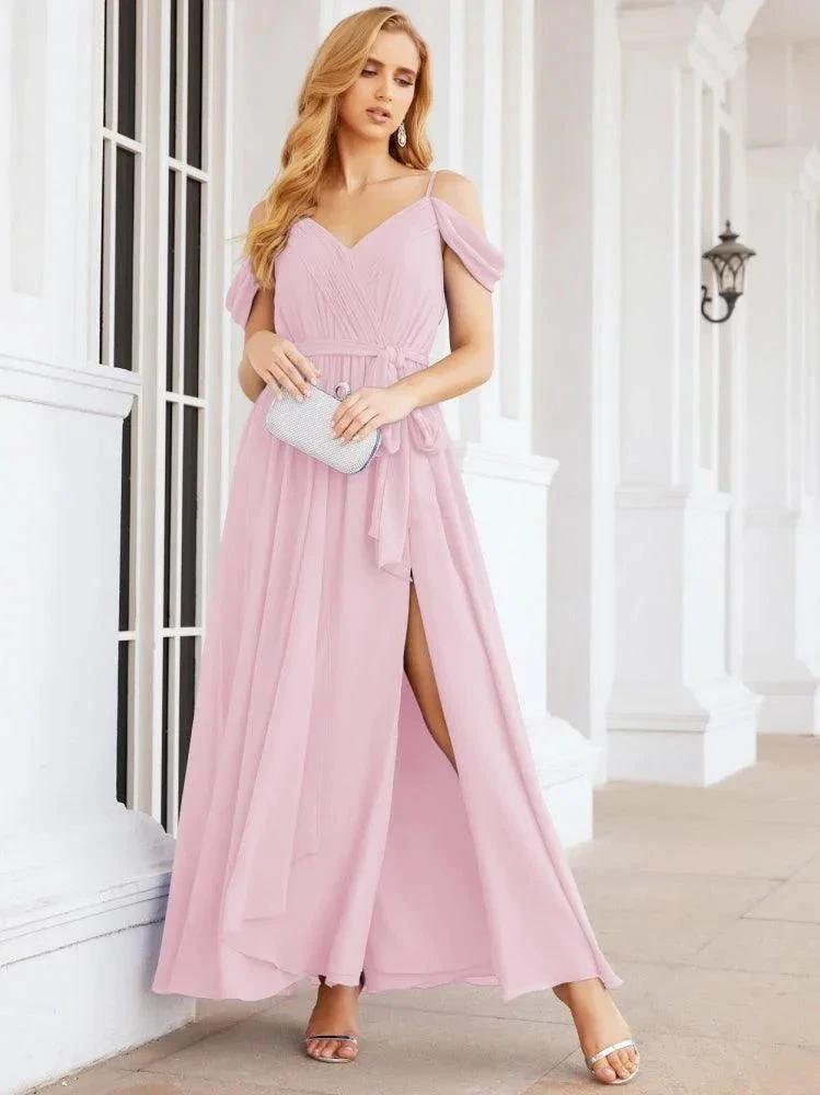 Numbersea Off The Shoulder Chiffon Bridesmaid Dress Long Formal Graduation Gown with Cowl Back 28069 by numbersea