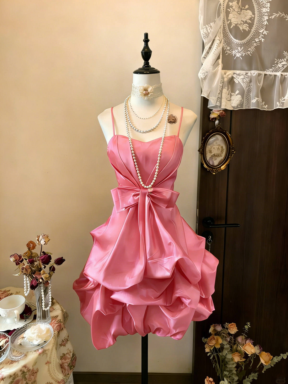 Vintage Yellow Spaghetti Straps Satin Pleated Short Prom Dress Formal Graduation Homecoming Dress - View 7 | VelvetHem