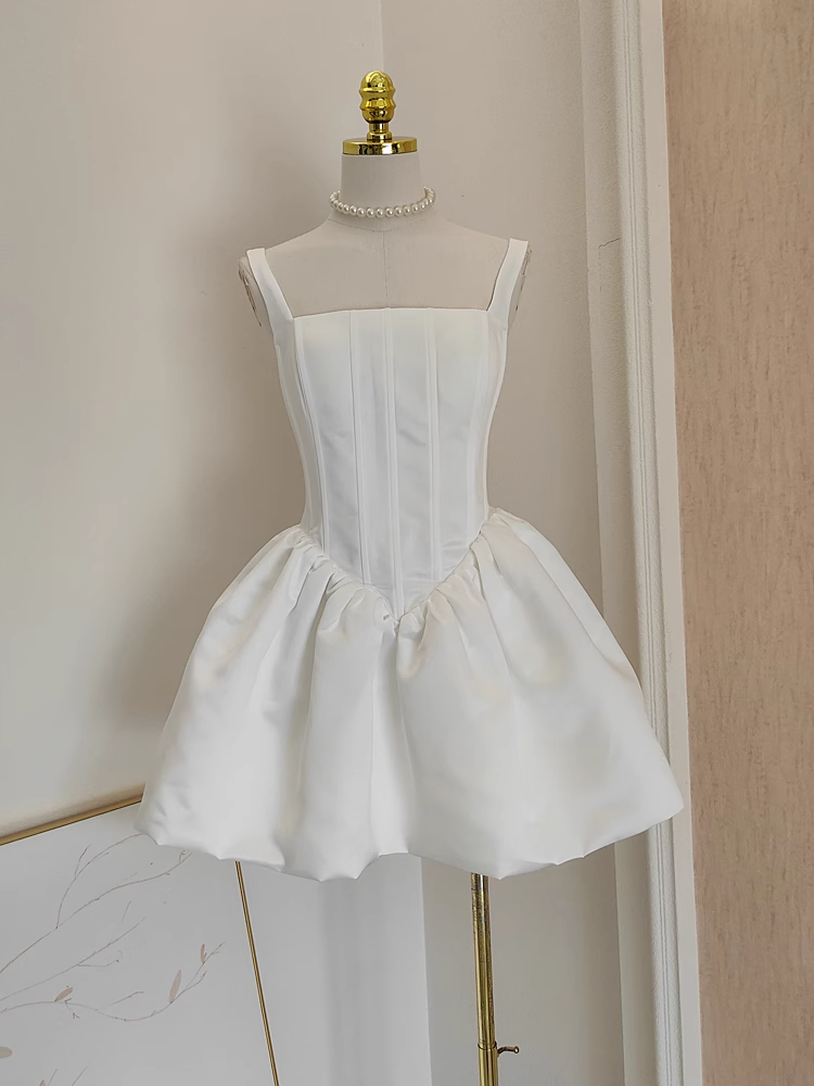 Sexy A Line Straps White Satin Vacation Dresses Short Birthday Dress - VelvetHem