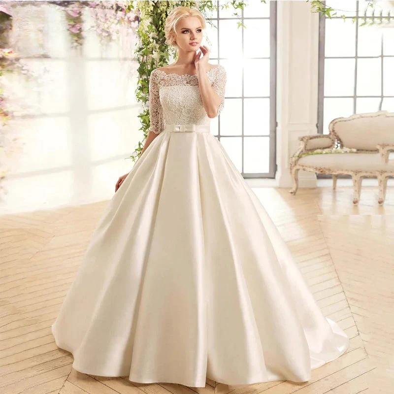 Elegant Lace Wedding Dresses For Women Half Sleevess Bride With Belt Bow Vestidos De Novia Boda Suknia Slubna Robe Mari�e (ZD13364) - VelvetHem