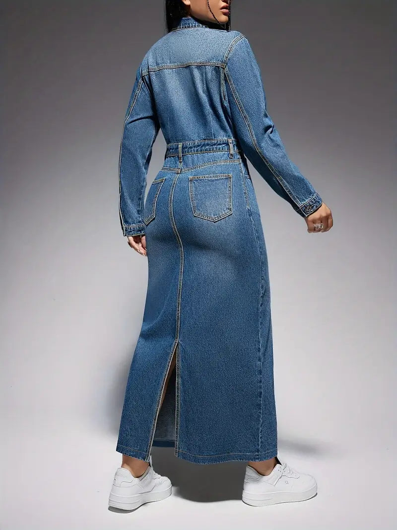 Zola Statement Long Sleeved Denim Maxi Dress Chic Silhouette Collection