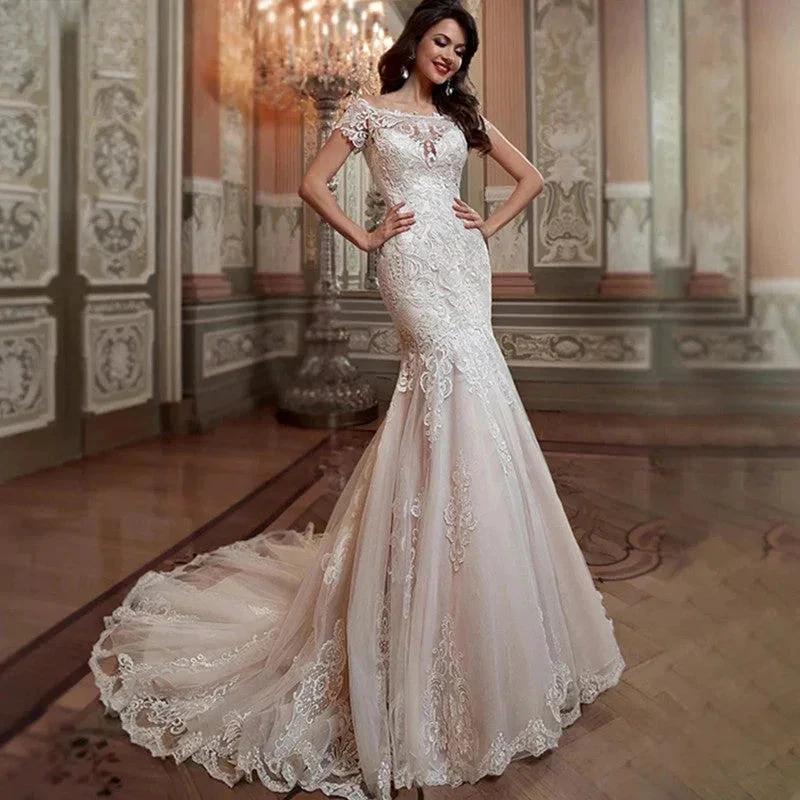 Luxury Mermaid Wedding Dress Short Sleeves Lace Appliques Elegant Boat Neck Bride Gown Illusion Backless Button Train (ZD13536) - VelvetHem