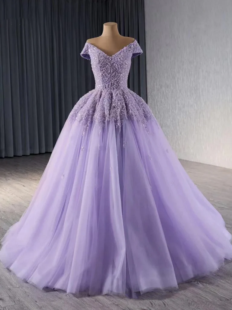 Shiny Off Shoulder Purple Sequins Beaded Long Tulle Quinceanera Dress Formal Ball Gown - VelvetHem