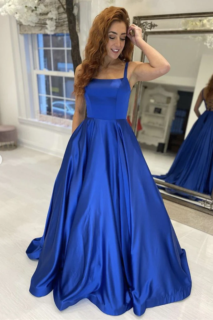Simple A Line Royal Blue Satin Long Prom Dress, Long Blue Formal Graduation Evening Dress Y225 - VelvetHem