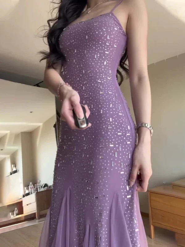Sexy Mermaid Spaghetti Straps Purple Chiffon Beaded Evening Dress Prom Dress Y7812