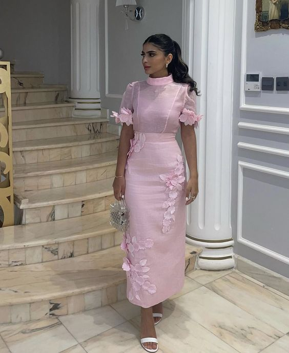 Pink Short Sleeves Sheath Evening Dress,Pink Evening Gown - VelvetHem