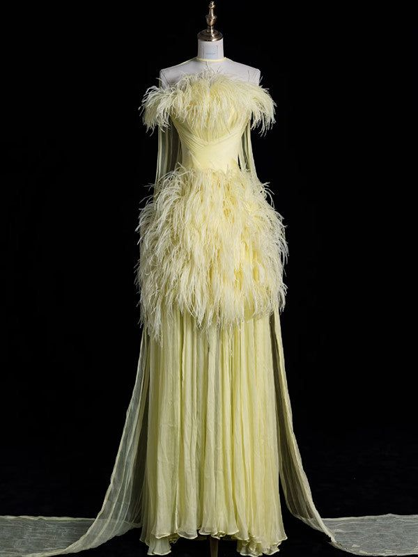 Luxury Yellow Off The Shoulder Evening Gown Chiffon Feathers Party Prom Dress With Beaded - VelvetHem