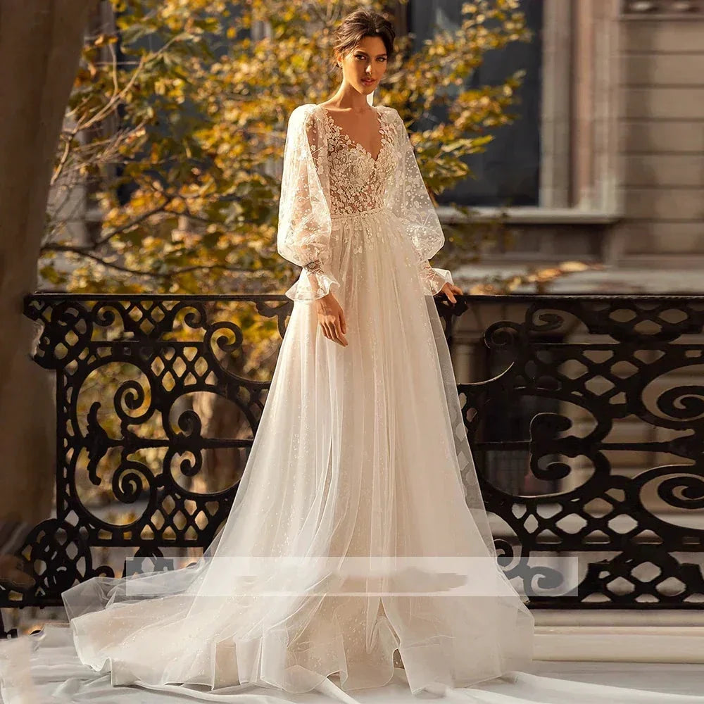 3D Flower Wedding Dress Lace Long Sleeve Women's Bridal Gownes Sexy V-neck Tulle Transparent A-line Dress Bohemia Robe Vestido (ZD14010)