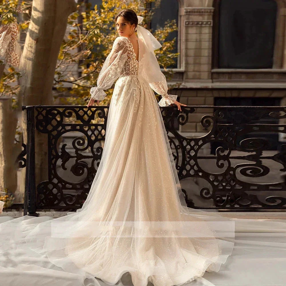 3D Flower Wedding Dress Lace Long Sleeve Women's Bridal Gownes Sexy V-neck Tulle Transparent A-line Dress Bohemia Robe Vestido by payinti