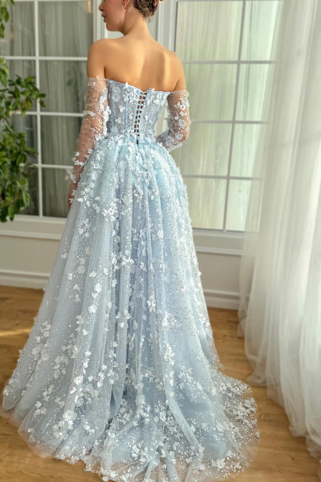 3D Flowers Pink Prom Dress Off The Shoulder Formal Dress With Panel Train