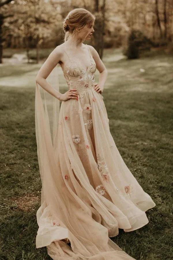 3D Flower Colorful V Neck Tulle Forest Wedding Dresses (ZD16135) - VelvetHem
