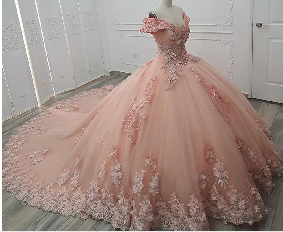 Off The Shoulder Pink Ball Gown Long Train Tulle Appliuqes Sweet 16 Dress - View 2 | VelvetHem