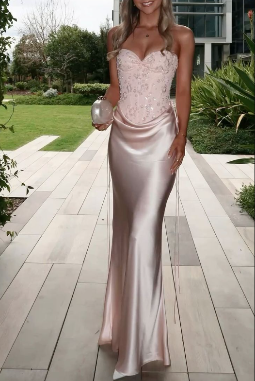 Classy Strapless Pink Satin Sequin Mermaid Long Wedding Guest Dress Evening Dress - VelvetHem