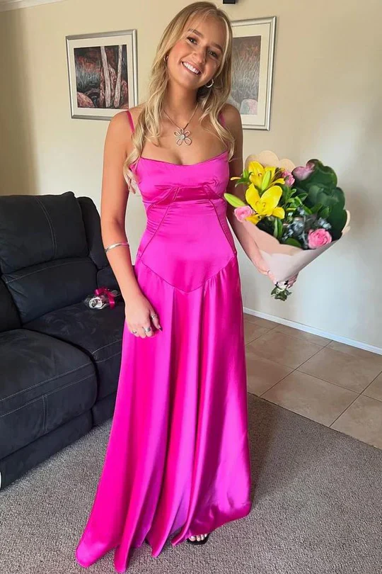 Elegant Spaghetti Straps Lilac Satin Long Wedding Guest Dress Bridesmaid Dress - View 3 | VelvetHem