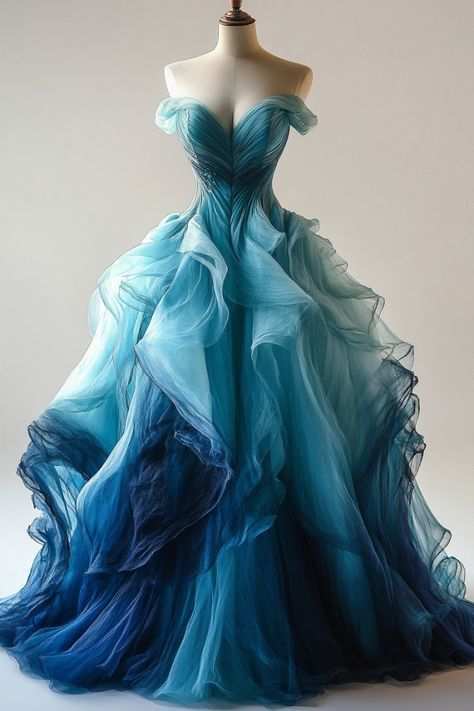 Vintage Ombre Blue Tulle Off The Shoulder Evening Dress,Formal Birthday Ball Gown - VelvetHem