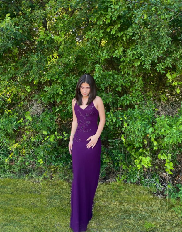 Spaghetti Straps V Neck Sheath Evening Dress Purple Party Dress - VelvetHem
