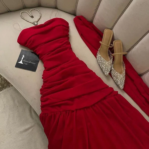 Fashion Strapless Red Pleated Chiffon Mermaid Long Prom Dress Evening Dress - VelvetHem