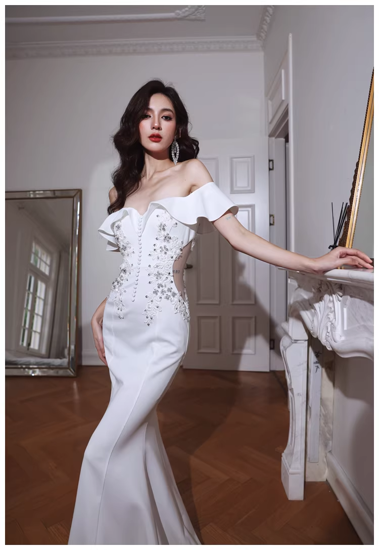 Elegant Off The Shoulder White Satin Appliques Mermaid Evening Dress Long Wedding Guest Dress - View 3 | VelvetHem
