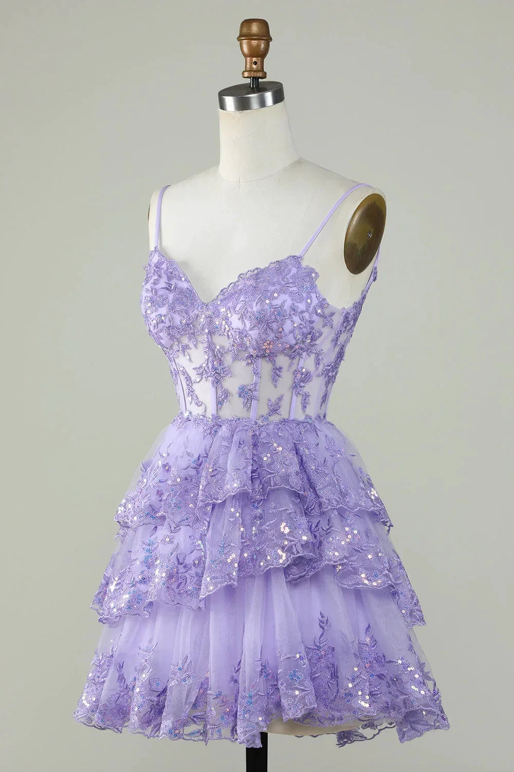 Straps Lavender Sequins Corset Layered Homecoming Dress (ZD11799)