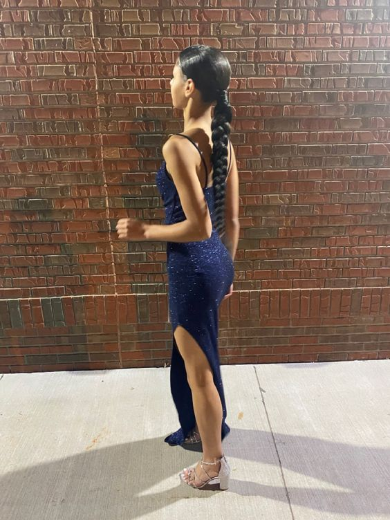 Shiny Navy Blue Sheath Evening Dress Navy Blue Evening Gown Y6359 - VelvetHem