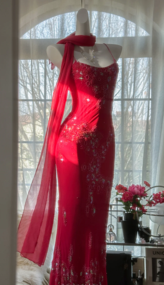 Pretty Red Spaghetti Straps Chiffon Beaded Mermaid Evening Dress Long Birthday Party Dress Prom Gown - View 7 | VelvetHem
