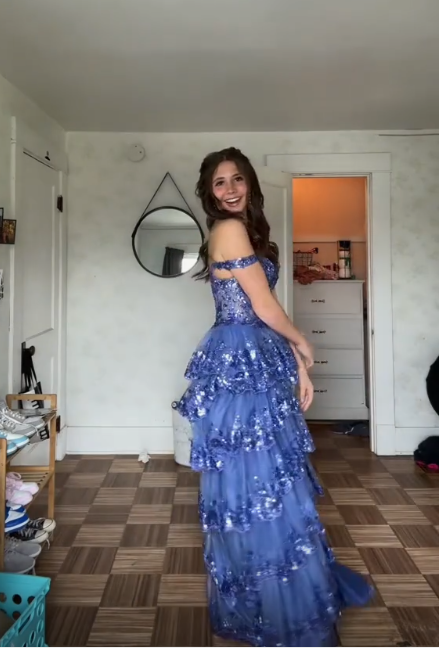 Pretty Blue Tulle Sequins Layered Prom Dress Long Slit Party Evening Gown - View 3 | VelvetHem