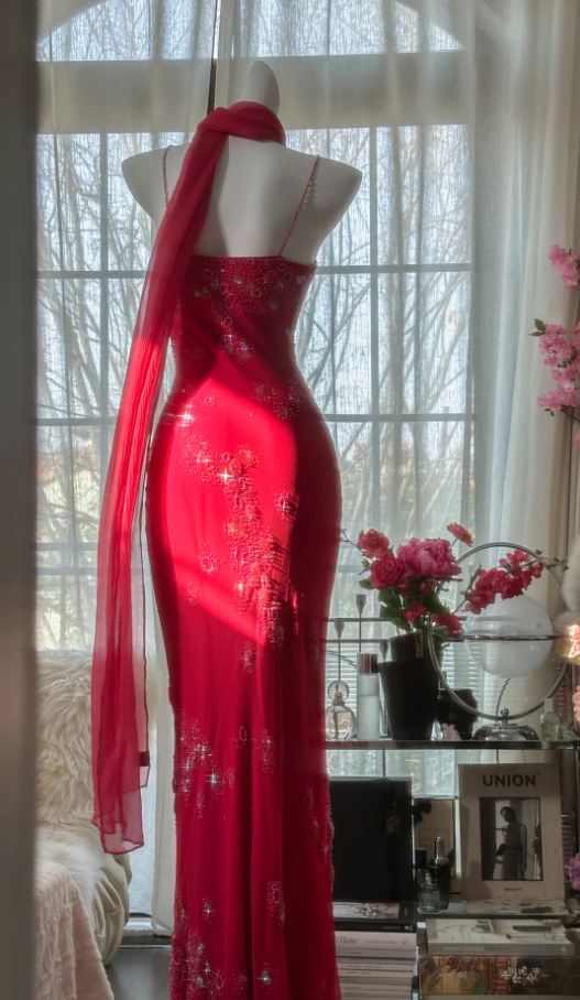Pretty Red Spaghetti Straps Chiffon Beaded Mermaid Evening Dress Long Birthday Party Dress Prom Gown - View 8 | VelvetHem
