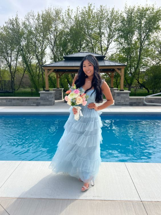 Light Blue Tulle Pleated Floor Length Junior Prom Dress - View 2 | VelvetHem
