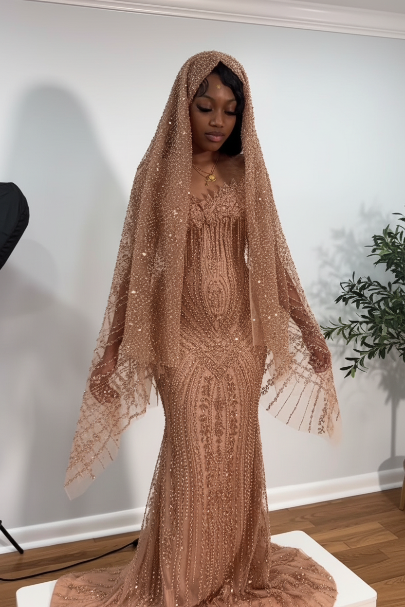 The Ruby Heiress - 2026 Hand-Beaded Crimson Mermaid Gown with Matching Crystal-Encrusted Hooded Veil (ZD17402)