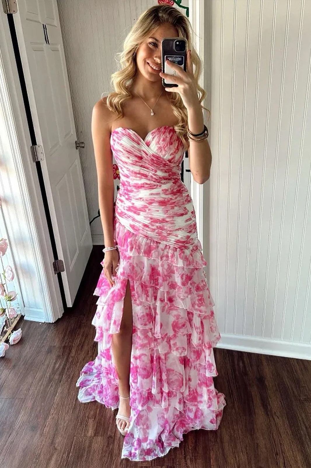 Gorgeous Mermaid Sweetheart Pink Long Party Dress with Ruffles