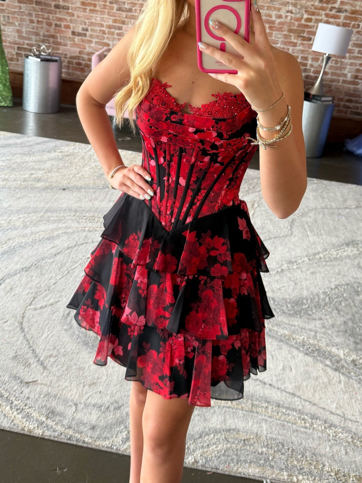 Chic A Line Sweetheart Red Printed Short Homecoming Dress with Ruffles - View 2 | VelvetHem