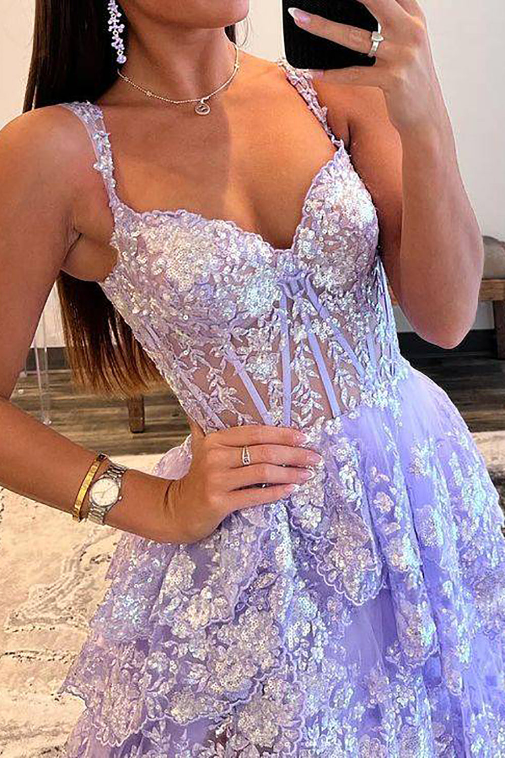 Gorgeous A Line Sweetheart Light Purple Corset Prom Dress with Ruffles - View 3 | VelvetHem