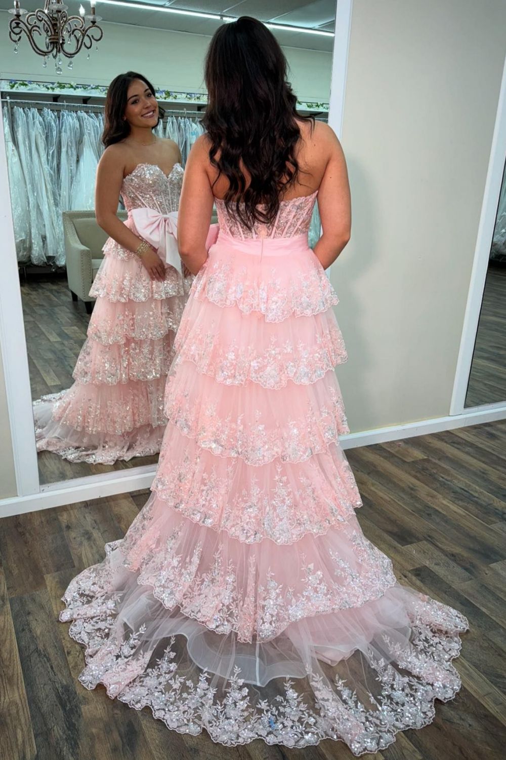 Sparkly Pink A-Line Sweetheart Long Tiered Sequin Prom Dress with Slit - View 2 | VelvetHem