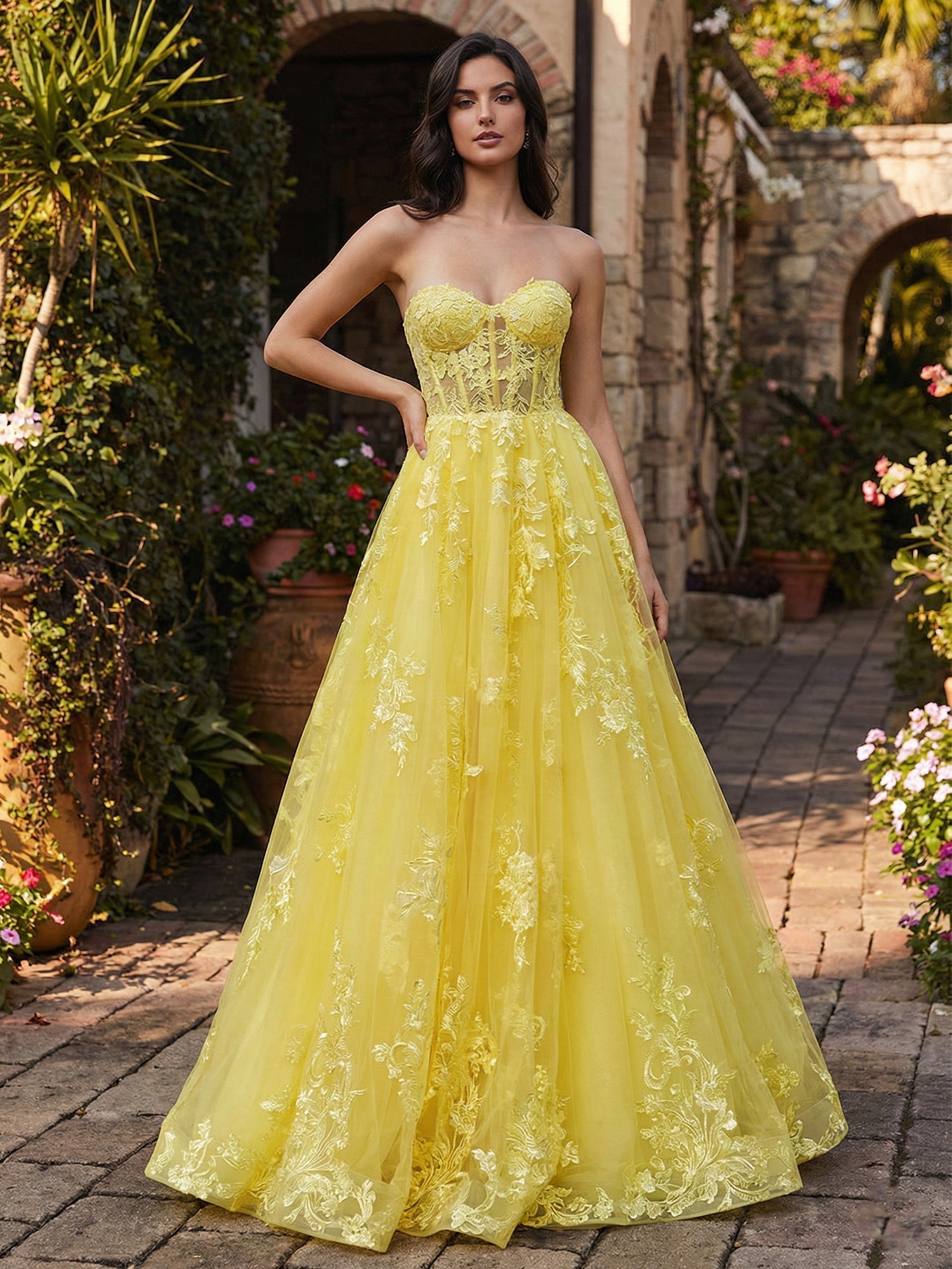Yellow Strapless Floral Lace Appliques Corset Tulle Prom Dress - VelvetHem