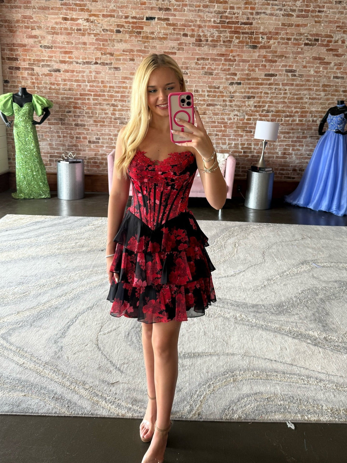Chic A Line Sweetheart Red Printed Short Homecoming Dress with Ruffles - View 4 | VelvetHem