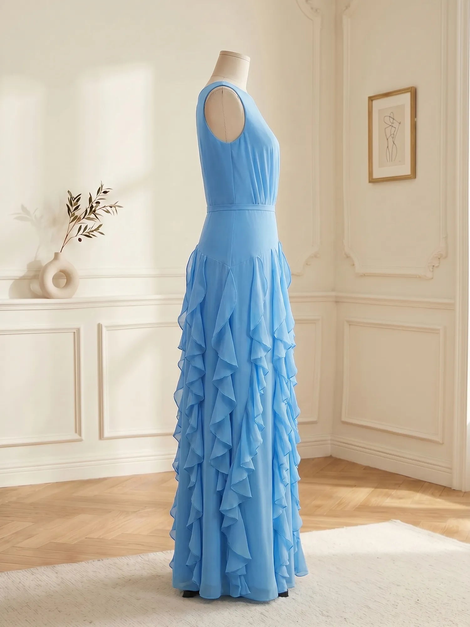 Sleeveless Tiered Chiffon Maxi Evening Gown with Ruched Bodice