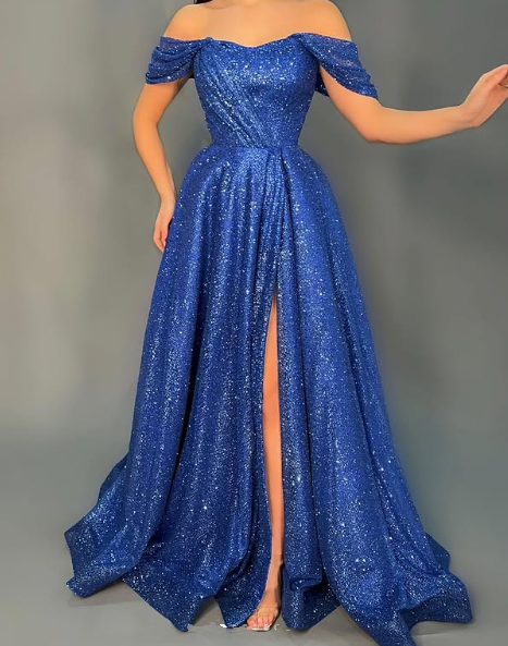 Sparkly Off The Shoulder Sequin Slit Prom Dress Blue A Line Evening Dress Y8532 - VelvetHem