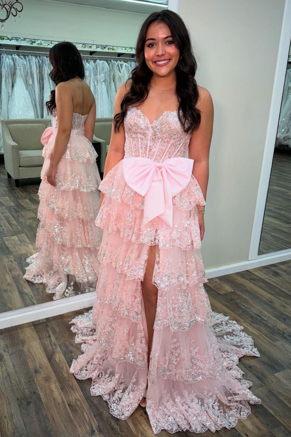 Sparkly Pink A-Line Sweetheart Long Tiered Sequin Prom Dress with Slit - VelvetHem