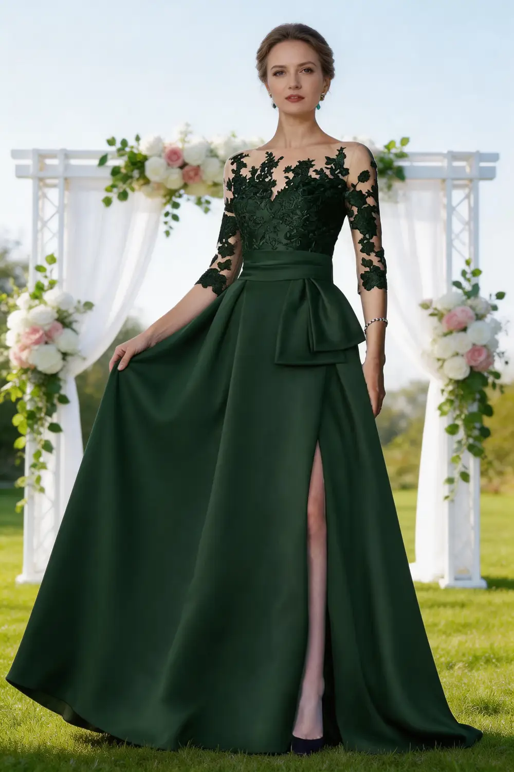 Dark Green Lace Satin A Line Mother Of The Bride Dress With Slit (ZD17157)