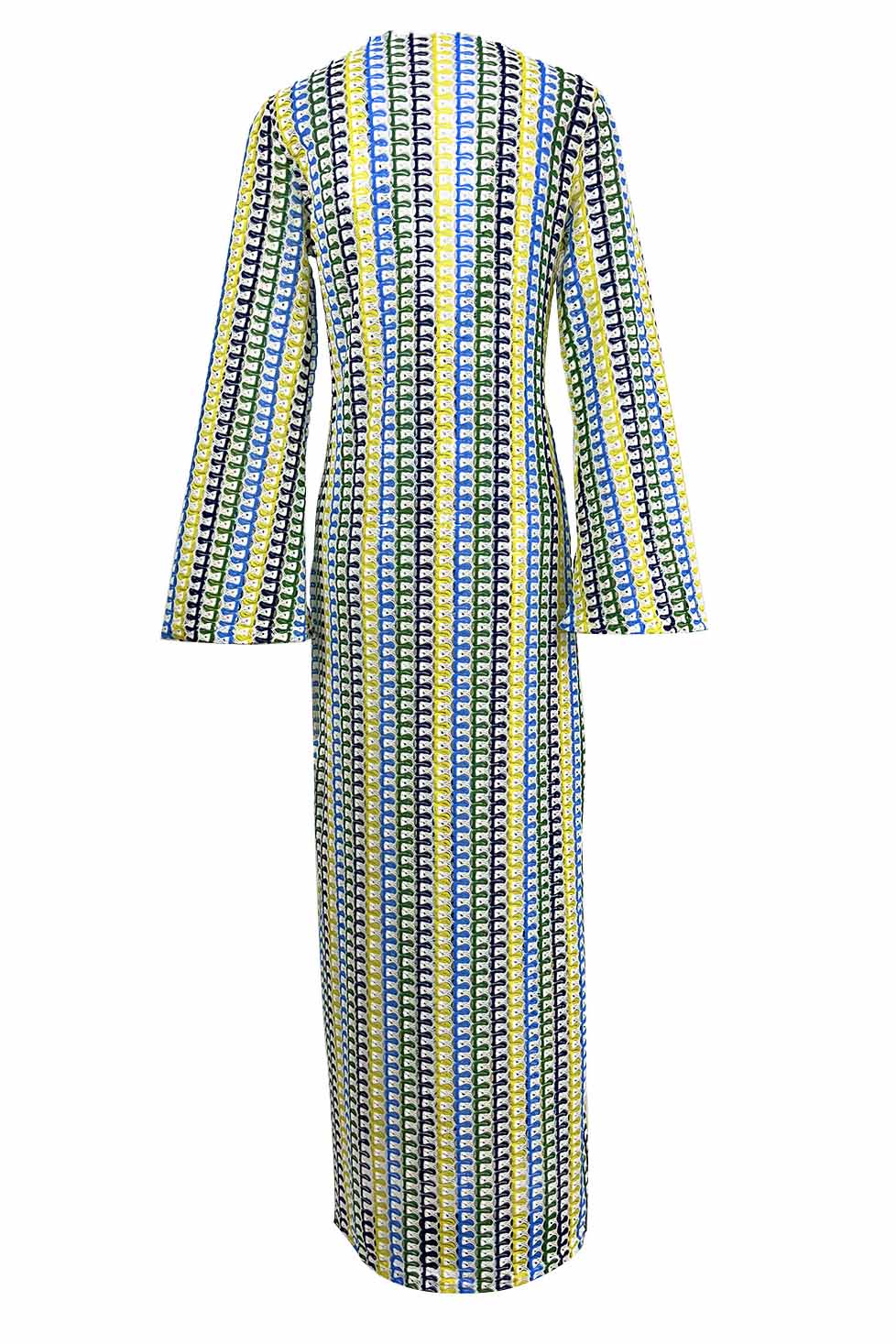 Pilar Chic Boho V Neck Bell Sleeve Maxi Dress, Wavy Striped Crochet Beach Holiday Dress Evening Wear Edit