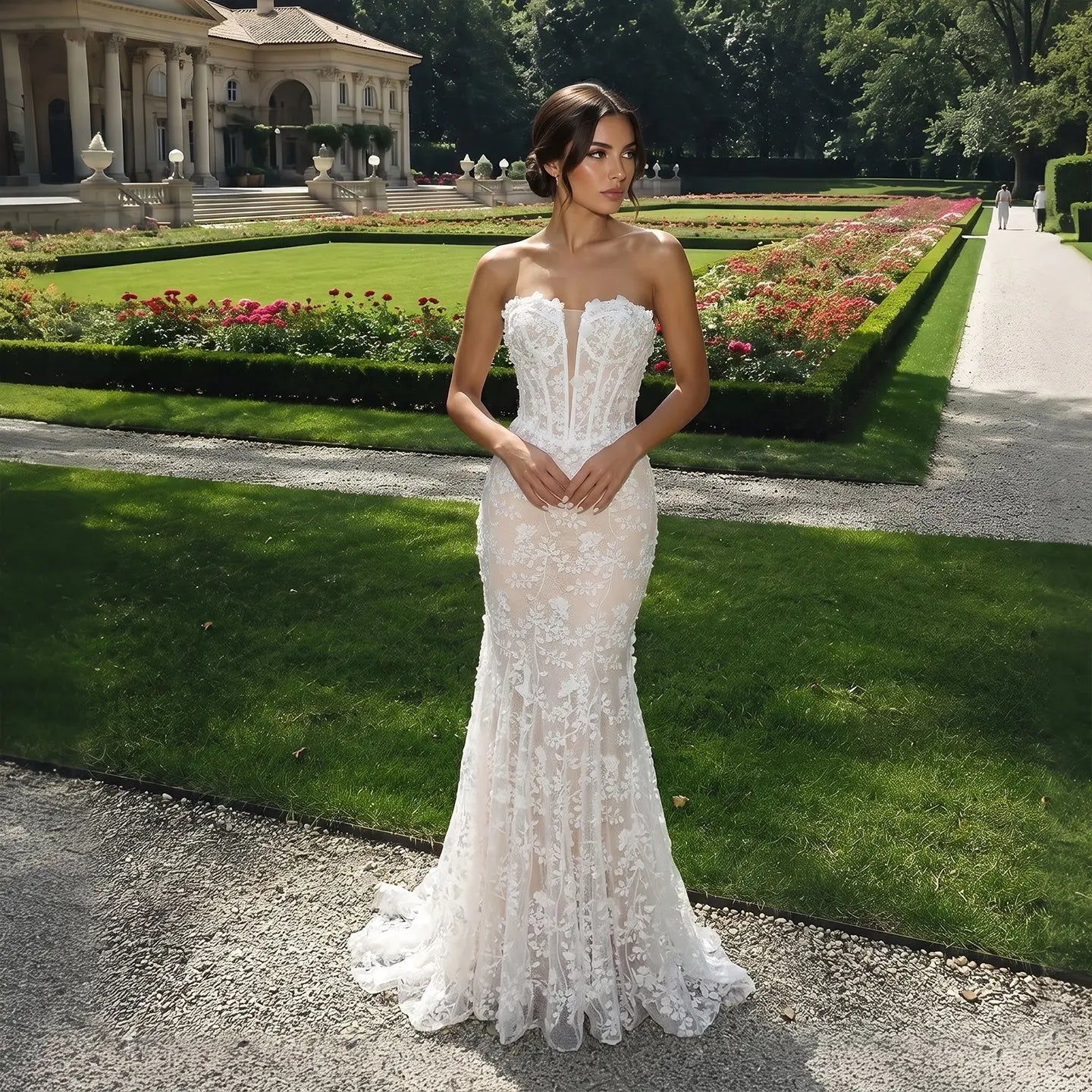 White Nude Lace Fairytale Mermaid Wedding Dress 3D Floral Train ZP037