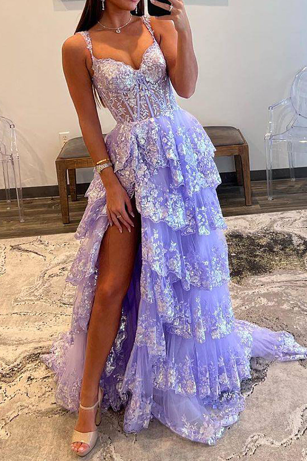 Gorgeous A Line Sweetheart Light Purple Corset Prom Dress with Ruffles - View 6 | VelvetHem