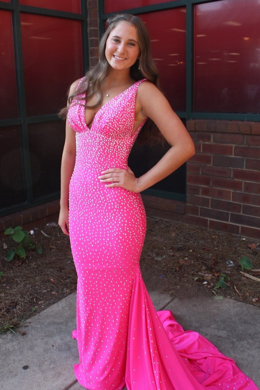 Sexy Deep V-Neck Open Back Mermaid Long Beaded Prom Party Dress