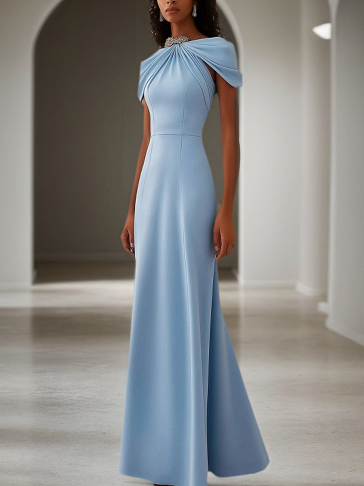 Wedding Guest Formal Dress Light Blue Crystal Embellished Maxi Dress - VelvetHem