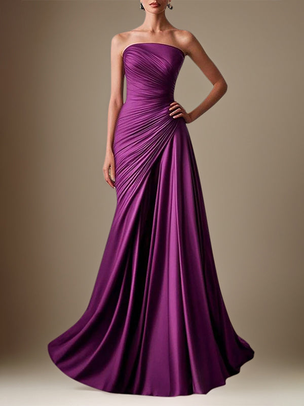 A Line Purple Satin Off the Shoulder Sleeveless Floor Length Dress With Ruffles - VelvetHem